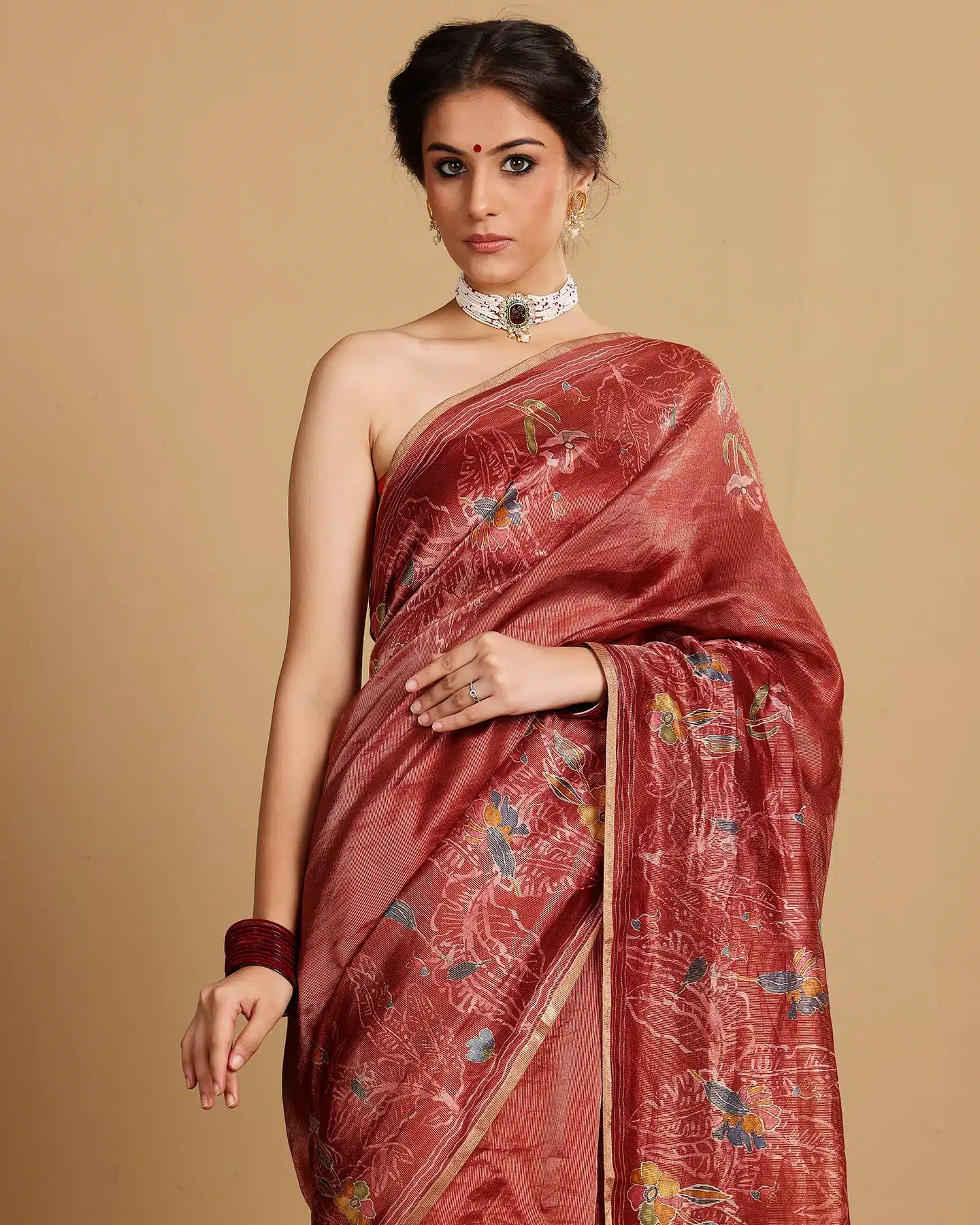 CARAMINE SILK TISSUE STRIPES SAREE