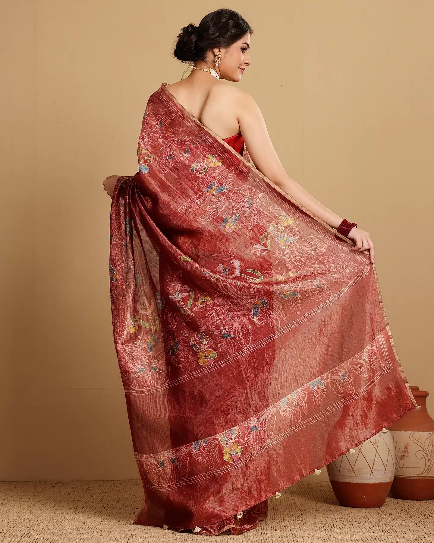 RED TISSUE STRIPES SILK SAREE - Image 4