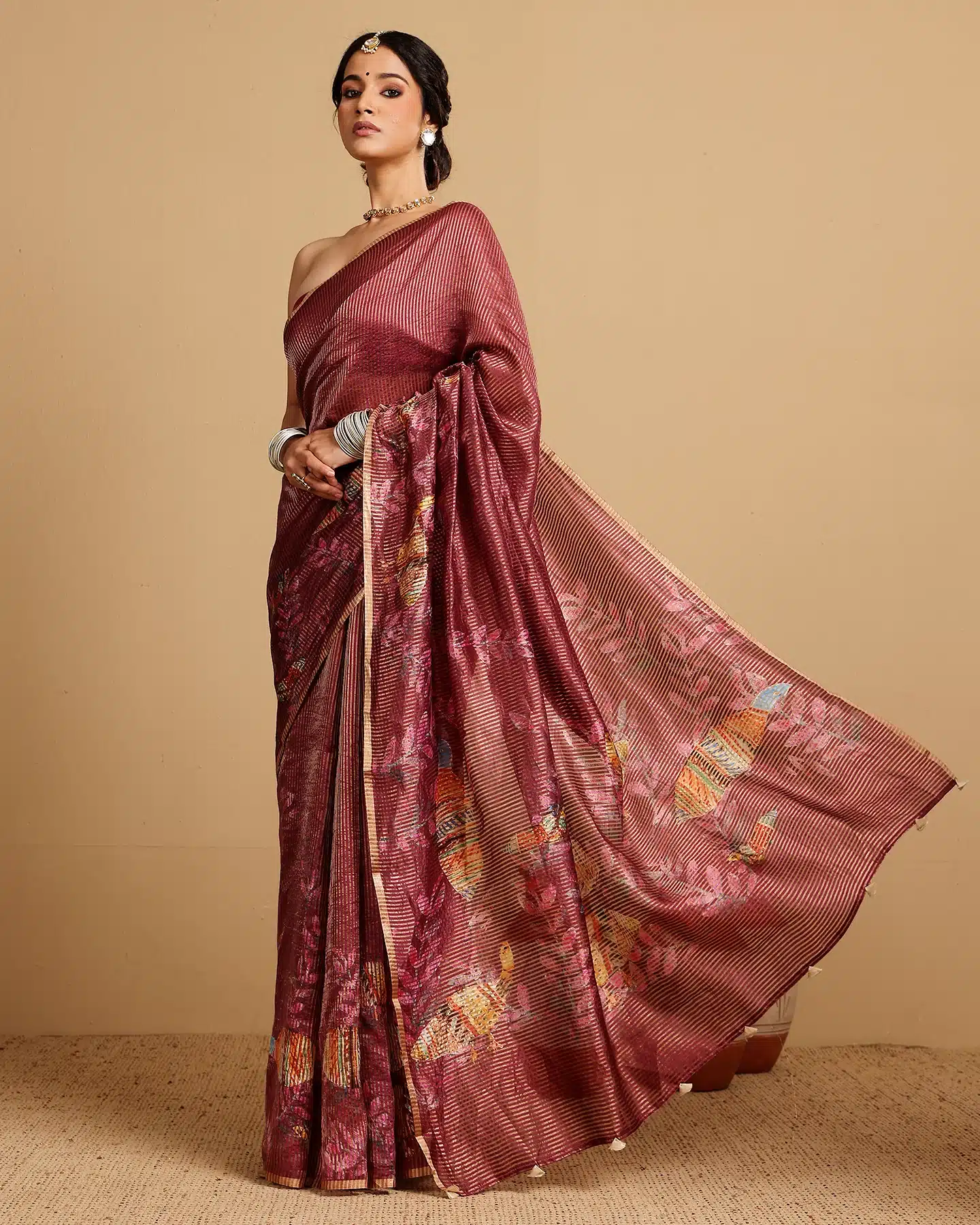 CARAMINE SILK TISSUE STRIPES SAREE - Image 3
