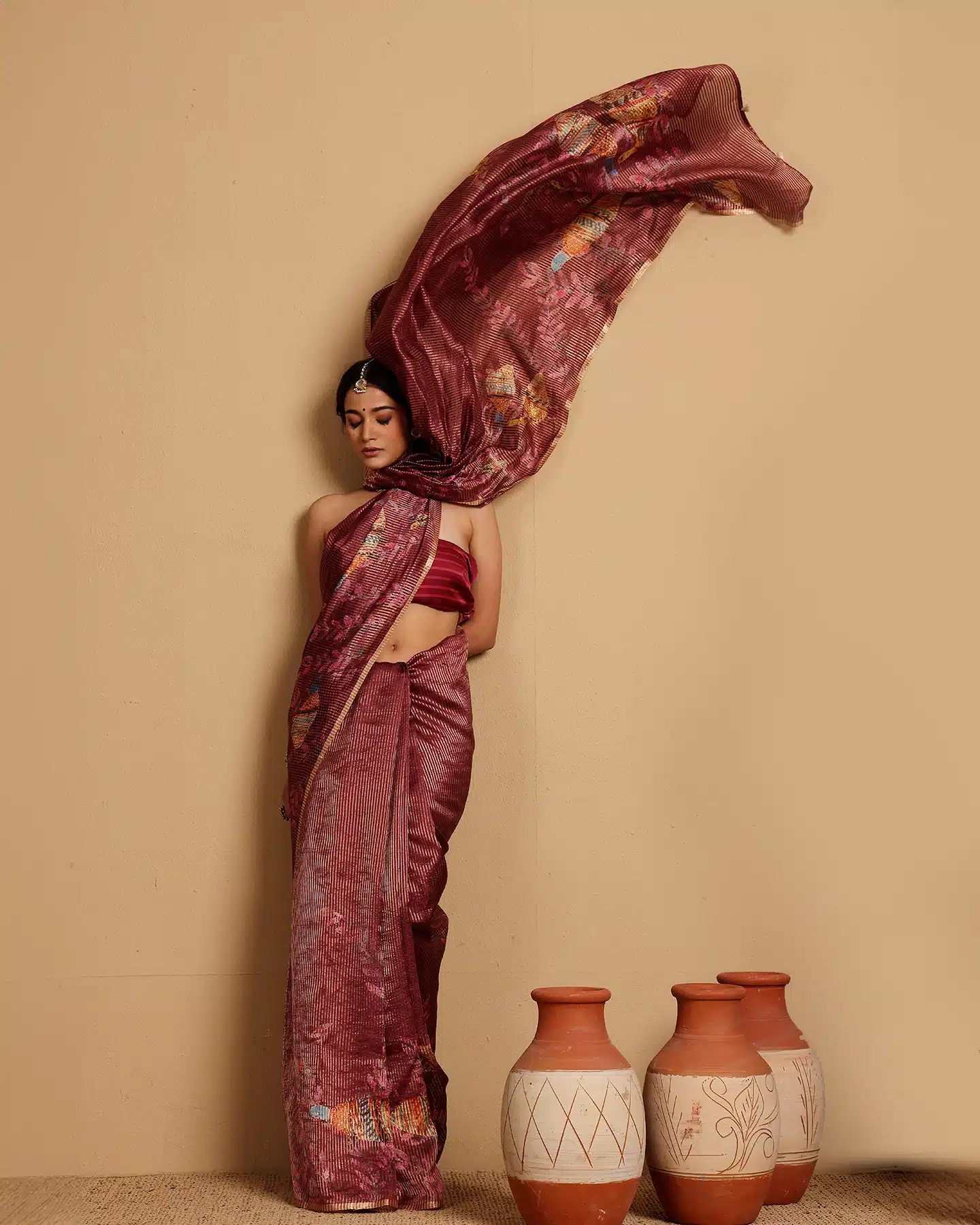 CARAMINE SILK TISSUE STRIPES SAREE - Image 2