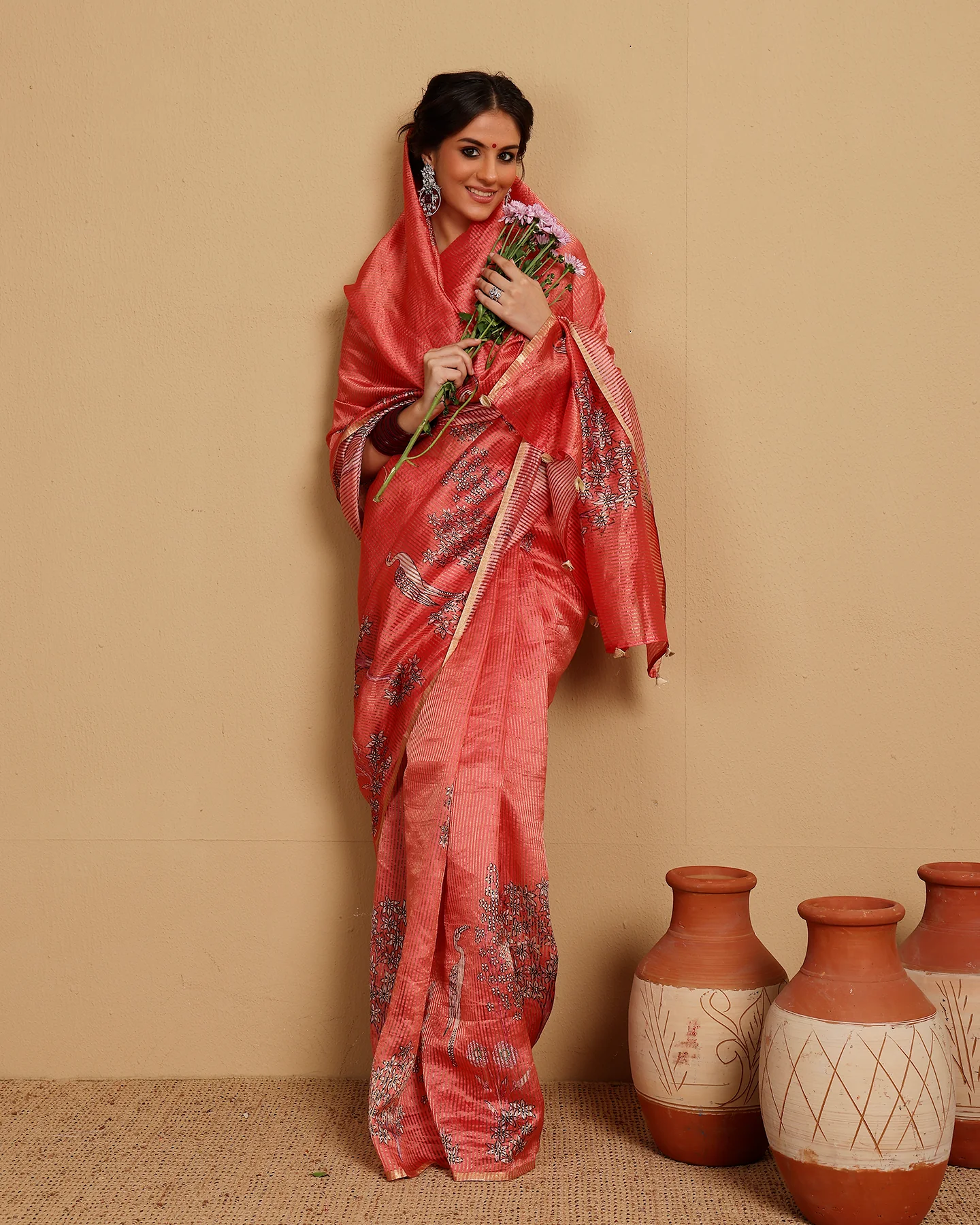KATAN TISSUE STRIPES CRIMSON SAREE - Image 3