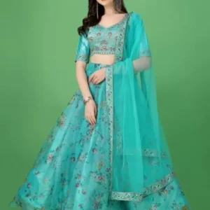 Embroidered Semi Stitched Lehenga Choli  (Light Blue)
