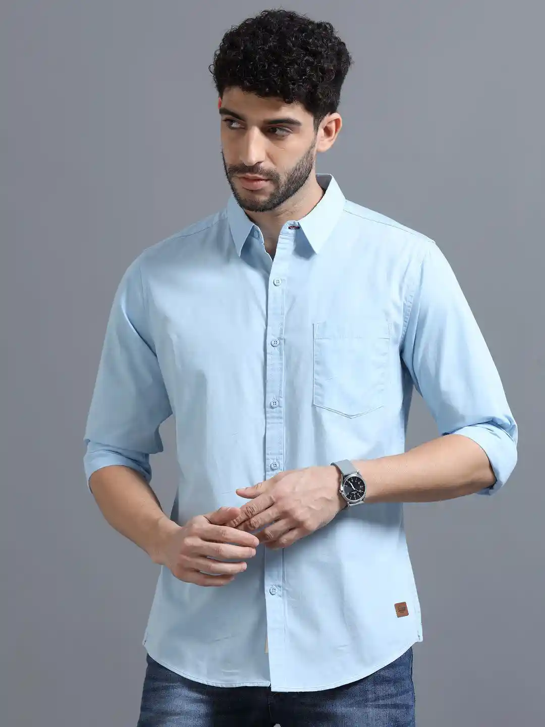 The Lifestyle Co Men Light Blue Solid Regular Fit Chambray Casual Shirt - Image 2