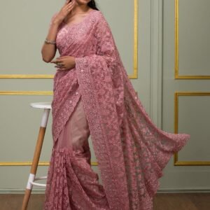 Onion Pink Threadwork Net Designer Saree