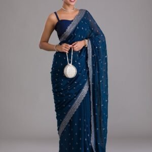 Peacock Blue Stonework Georgette Designer Saree