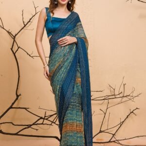 Peacock Blue Chiffon Designer Saree